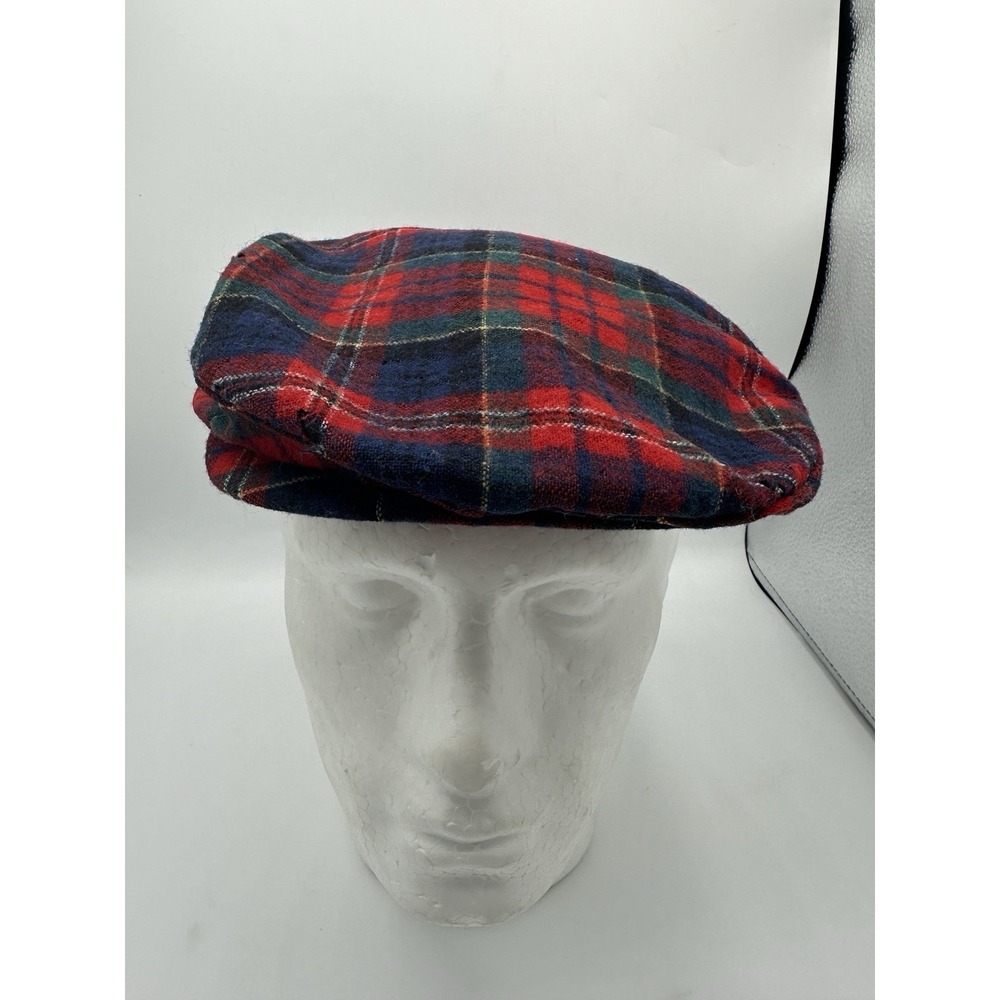 Pendleton Wool Flat Cap Plaid Tartan Newsboy Hat Red Blue USA Made Size Medium
